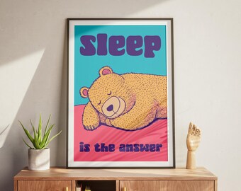 Funny Bear Poster | Meme Sleeping Bear Poster | Typography Print | Sleep is the Answear Wall Art | Retro Printable Art | Digital Print