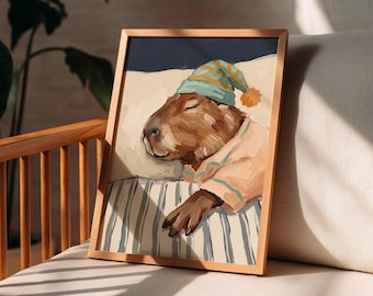 Lámina decorativa de capibara durmiendo, decoración infantil original, regalo ideal para amantes de los capibaras, póster divertido con estilo de pintura al óleo.