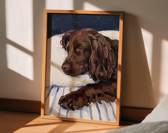 Lámina decorativa de pared con un Cocker Spaniel durmiendo color chocolate, regalo para amantes de los perros, retrato de cachorro para dormitorio o habitación infantil.