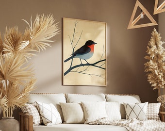 Arte mural minimalista de pájaro en rama, póster digital minimalista de pajarito, decoración de pared de pájaros para sala de estar y dormitorio.