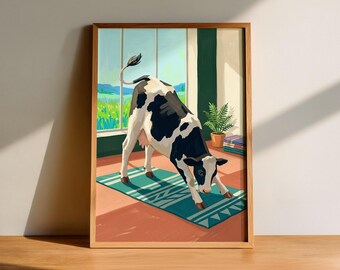 Lámina decorativa de vaca practicando yoga, póster divertido de animales, decoración rústica, regalo original para chica de granja.