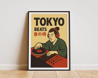 Póster musical de Tokio - DJ Samurai, arte mural japonés retro, impresión artística de vinilo con tocadiscos, impresión digital Japandi para estudio o regalo para amantes de la música.