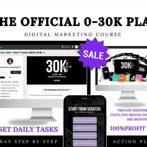May include: A digital marketing course called "The Official 0-30K Plan" with a 90-day step-by-step action plan to help you reach consistent monthly income. The course includes private mentorship, weekly updates, and lifetime access.