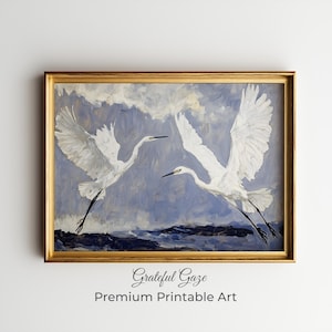 Egret Pair in Flight Painting - Printable Nature Wall Art, Wildlife Lover Decor, Bird Art, Elegant Home Decor, Muted Digital Print 203