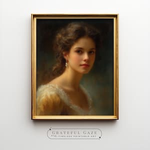 May include: A framed portrait of a woman with brown hair and fair skin. She wears a white and yellow dress and pearl earrings. The artwork is in a gold frame and has the text "Grateful Gaze Timeless Printable Art" at the bottom.