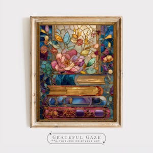 Printable Stained Glass Books – Dark Academia, Cottagecore Wildflower Art (Digital Download)