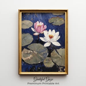 Printable Water Lilies Painting - Vintage Botanical Art, Rustic Cottagecore Decor, Flower Wall Art, Digital Nature Scene, Lily Pond 91