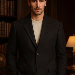 Könnte beinhalten: Ein dunkelgrauer Blazer mit Zwei-Knopf-Verschluss und fallendem Revers. Der Blazer wird mit einem hellbeigen Pullover kombiniert. Der Hintergrund zeigt ein Bücherregal und eine Lampe, was einen klassischen Stil suggeriert.