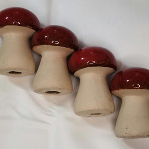 Small Red Ceramic Mushrooms with Glazed Top, Garden Statue, Toadstool (Set of 4)