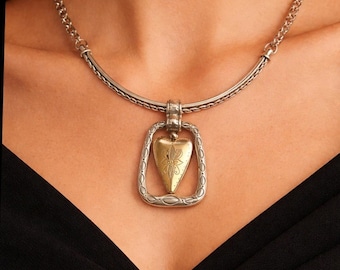 Brighton Reversible Heart Pendant Necklace Silver Gold Scroll Motif Charm Chain