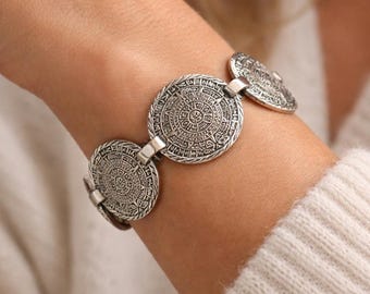 Pulsera vintage de plata de ley 925 con calendario maya azteca de 8 pulgadas y piedra solar.