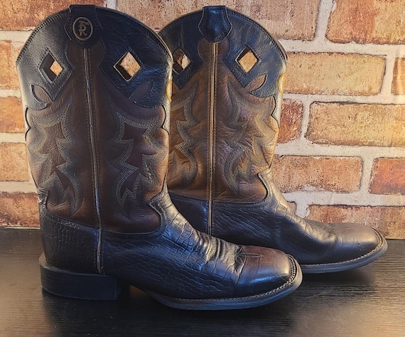 Tony Lama, Vtg Tony Lama ZR Boots Mens Sz 9.5 EE Dual Tone Croc Embossed Square Toe Cowboy