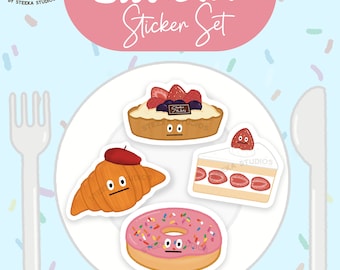Handcrafted Bakery Sticker Set of 4| Croissant, Tart, Cake and Donut | Laminated Glossy | Water Resistant