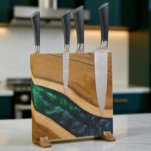 Custom Magnetic Knife Holder – Walnut Wood & Epoxy Resin – Handmade Knife Stand – Countertop Knife Block – Kitchen Organizer Gift
