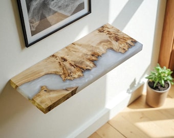 Burl Poplar Wood Floating Shelf: White Epoxy Resin, Modern Rustic Decor
