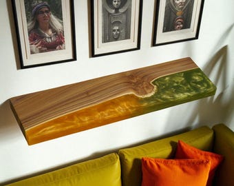 Handmade Olive Wood Floating Shelf: Epoxy Resin Inlay, Modern Wall Decor