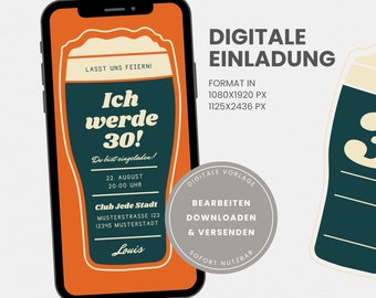 Digitale Einladung - Bearbeitbare Geburtstagseinladung - Vorlage 30. Geburtstag Party Bierglas - Selbst personalisieren