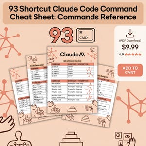 May include: A cheat sheet with the title "93 Shortcut Claude Code Command Cheat Sheet: Commands Reference." The image features a stack of reference cards with code commands and descriptions, along with the Claude AI logo and a "Add to Cart" button.