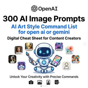 May include: A digital cheat sheet titled 300 AI Image Prompts AI Art Style Command List for open ai or gemini featuring a central white and blue robot holding a paintbrush and a colour palette, surrounded by various art style icons and text.