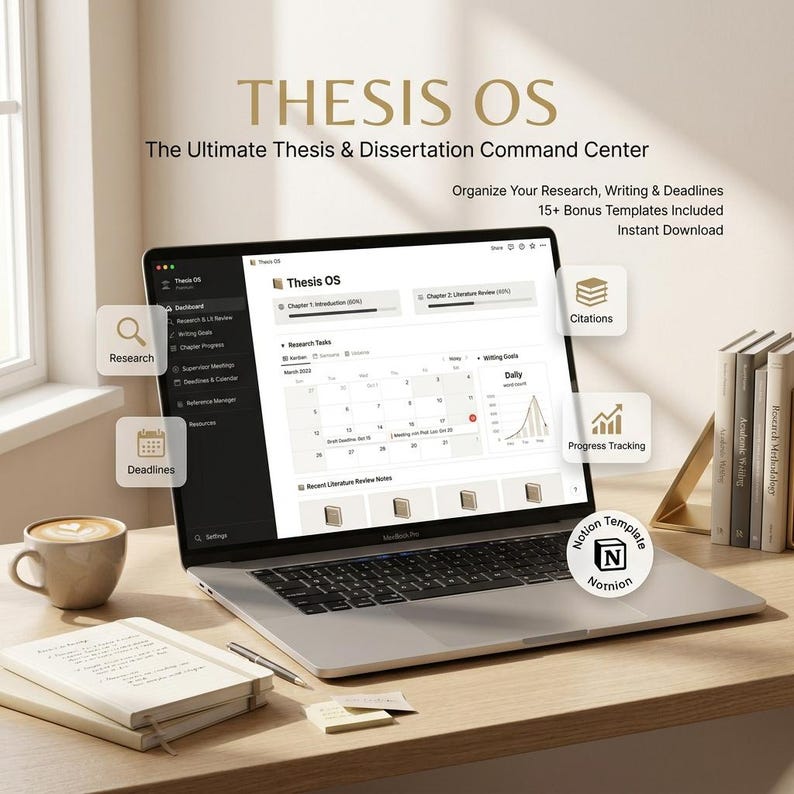 May include: A laptop displaying the "Thesis OS" interface, designed for research, writing, and deadline management. The screen shows a calendar and various research tools. Additional elements include a coffee cup, notebooks, and books, all arranged on a wooden desk.