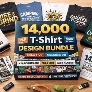 Puede incluir: Una colección de camisetas con varios diseños gráficos y texto, incluyendo "Rise & Grind" y "Camping My Therapy". Una caja grande muestra "14,000 T-Shirt Design Bundle" con materiales adicionales.