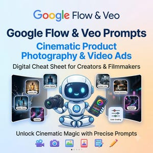 Könnte beinhalten: Ein digitales Merkblatt mit dem Titel Google Flow & Veo Prompts for Cinematic Product Photography & Video Ads. Ein zentraler weißer Roboter hält eine Kamera und ein Smartphone mit einem Farbrad. Um ihn herum zeigen kleine kreisförmige Bilder Beispiele wie Wasserspritzer, Luxusartikel und Farbkorrekturen. Der Text lautet Unlock Cinematic Magic with Precise Prompts.