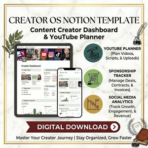 May include: Creator OS Notion Template featuring a content creator dashboard and YouTube planner. Includes a tablet and smartphone displaying digital interfaces, plus icons for a YouTube planner, sponsorship tracker, and social media analytics.