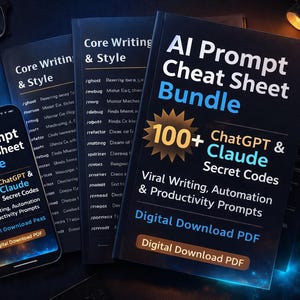 May include: A bundle of digital resources for AI prompt writing, including a phone and several books. The phone displays "AI Prompt Cheat Sheet Bundle" with "100+ ChatGPT & Claude Secret Codes." The books are titled "Core Writing & Style" and "AI Prompt Cheat Sheet Bundle."