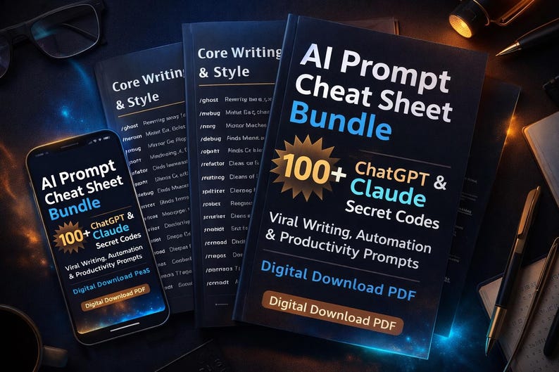 May include: A bundle of digital resources for AI prompt writing, including a phone and several books. The phone displays "AI Prompt Cheat Sheet Bundle" with "100+ ChatGPT & Claude Secret Codes." The books are titled "Core Writing & Style" and "AI Prompt Cheat Sheet Bundle."