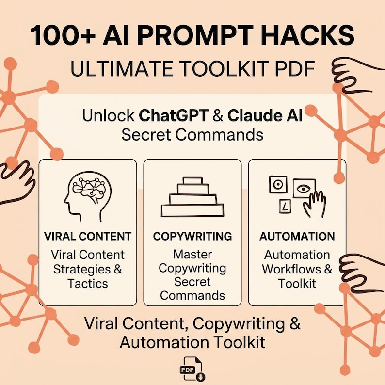 May include: A digital toolkit graphic with the title "100+ AI Prompt Hacks." It features sections on Viral Content, Copywriting, and Automation, with the text "Unlock ChatGPT & Claude AI Secret Commands." The image has a light orange and white color scheme.