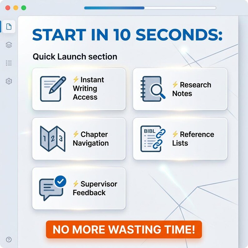 May include: A digital interface with the text "START IN 10 SECONDS:" and "NO MORE WASTING TIME!". It features icons for instant writing access, research notes, chapter navigation, reference lists, and supervisor feedback. The background has a light blue and white design.