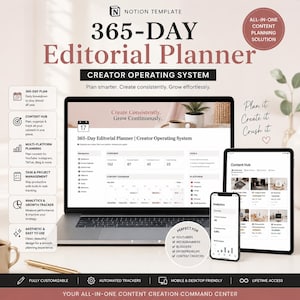 May include: A Notion template 365-Day Editorial Planner displayed on a laptop, tablet, and smartphone. The interface shows a content calendar, analytics, and task management tools. Text includes "Creator Operating System" and "Plan smarter. Create consistently. Grow effortlessly." with a list of features like content hub and growth tracker.
