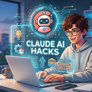 May include: An illustration of a person working on a laptop with the text "CLAUDE AI HACKS". The image includes icons of a robot, lightbulb, and clock, suggesting a tech or educational theme. The person is wearing glasses and a hoodie.