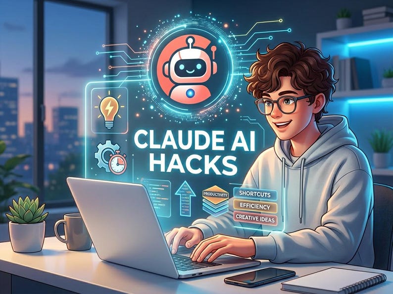 May include: An illustration of a person working on a laptop with the text "CLAUDE AI HACKS". The image includes icons of a robot, lightbulb, and clock, suggesting a tech or educational theme. The person is wearing glasses and a hoodie.