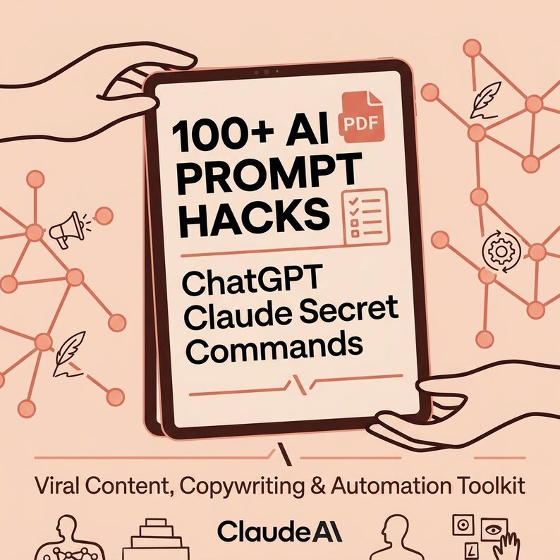 May include: A digital tablet displays the text "100+ AI Prompt Hacks" with "ChatGPT Claude Secret Commands" below. The image also includes the text "Viral Content, Copywriting & Automation Toolkit" and "Claude AI". The background is a light orange color.