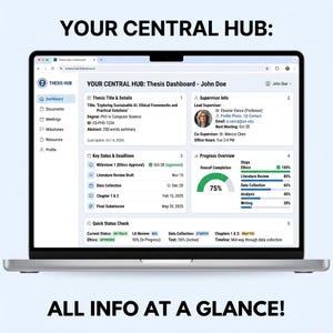 May include: A laptop screen displays a thesis dashboard with the text "YOUR CENTRAL HUB" and "ALL INFO AT A GLANCE!". The dashboard shows thesis details, key dates, and progress overview, including ethics, literature review, and data collection.