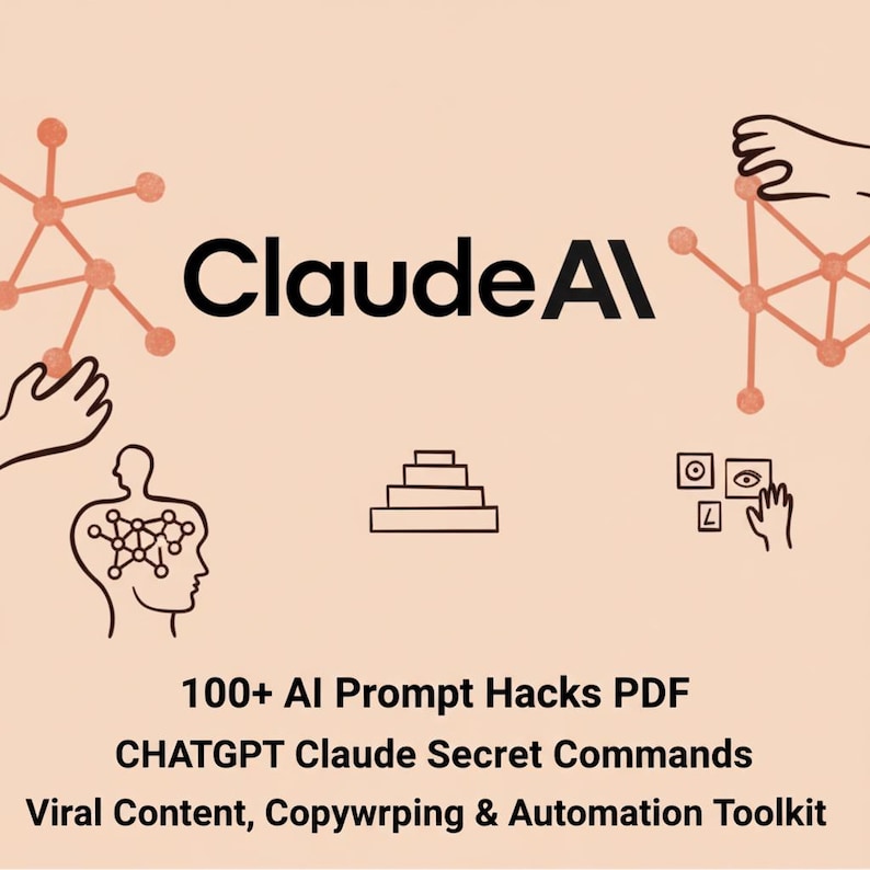 May include: A digital graphic with the text "Claude AI" in black. The image includes illustrations of a brain, hands, and a network of dots. Text below reads "100+ AI Prompt Hacks PDF, ChatGPT Claude Secret Commands, Viral Content, Copywrping & Automation Toolkit."