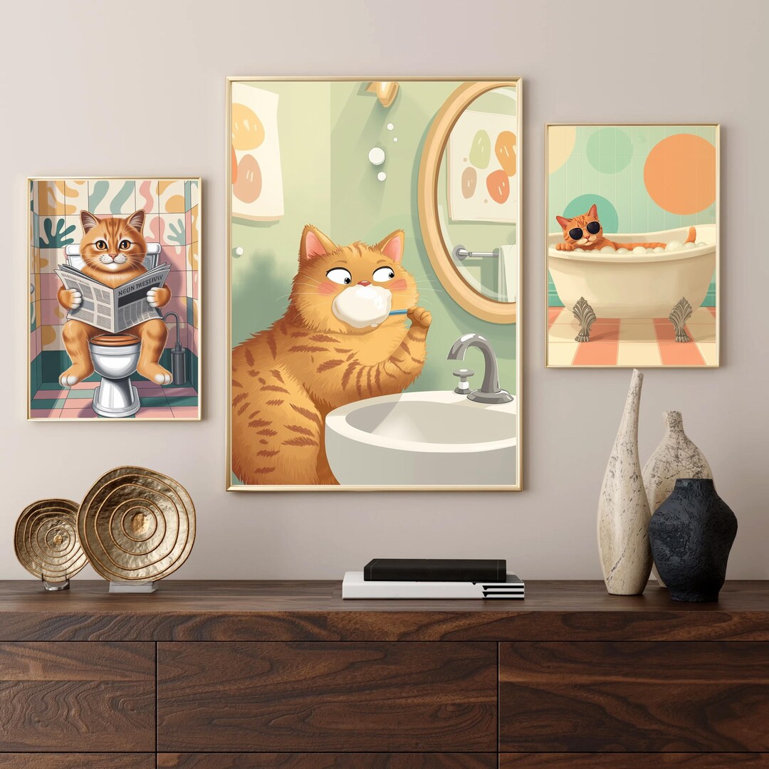 Funny Bathroom Cat Wall Art Set of 3 - Etsy