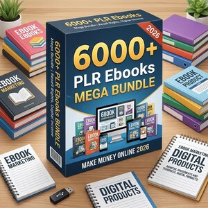 May include: A large dark blue box labelled 6000+ PLR Ebooks Mega Bundle 2026 surrounded by stacks of colourful books, spiral-bound notebooks with Ebook Marketing and Digital Products text, and a black USB flash drive on a wooden surface.