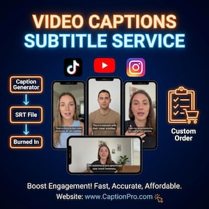 May include: A digital graphic for a video caption subtitle service featuring the text VIDEO CAPTIONS SUBTITLE SERVICE, icons for TikTok, YouTube, and Instagram, a workflow diagram, a custom order clipboard icon, and the website www.CaptionPro.com.