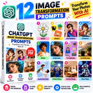 以下が含まれることがあります： ChatGPTのロゴと、スケッチ、ステッカー、80年代フラッシュバック、カリカチュア、アニメ、水中、ディスコモードなど、AI生成された写真スタイルの12の番号付き例が掲載された「12 Image Transformation Prompts」というタイトルのデジタルPDFガイド。