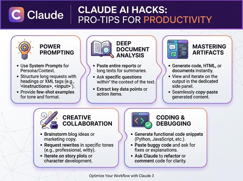 May include: An infographic titled "CLAUDE AI HACKS: PRO-TIPS FOR PRODUCTIVITY" with tips on power prompting, deep document analysis, mastering artifacts, creative collaboration, and coding & debugging. The Claude logo is at the top left.