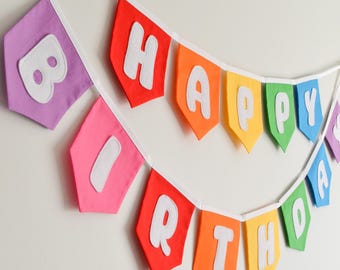 Reusable Fabric Happy Birthday Bunting, Bright Rainbow Garland