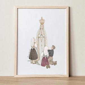 Virgen de Fátima. Pastorcitos de fatima. Ilustración religiosa. Regalo católico niños. Colores neutros. María Izquierdo.
