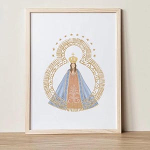Virgen de Suyapa. Arte Católico. Ilustración religiosa. Patrona Honduras. Colores neutros. Acuarela. María Izquierdo.
