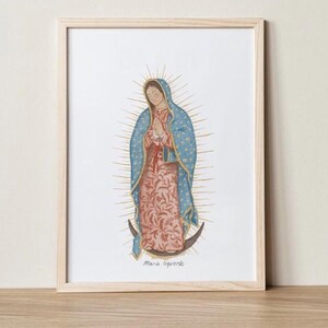 Jungfrau von Guadalupe. Katholische Kunst. Religiöse Illustration. Neutrale Farben. Aquarell. Maria Izquierdo.
