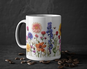 Mug with flowers, flower mug, flowers on mug, cool mug, flowers, standard ceramic mug