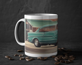 Mug with car, car on mug, car mug, mug with car, cool mug, car, standard ceramic mug