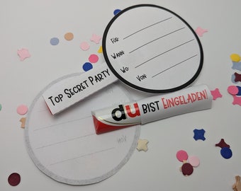 PDF Druckvorlage Einladung Kindergeburtstag Detektiv Schatzsuche Junge, Mädchen mit Schokolade zum selber basteln, DIY Einladungskarte