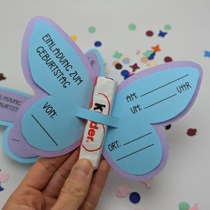 Modèle à imprimer PDF invitation anniversaire enfant papillon fille avec chocolat à réaliser soi-même, carte d'invitation DIY